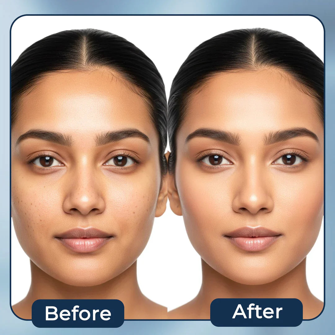 Before and after comparison of use of Maliao Matte Finish Face Primer with 'Before' on the left and 'After' on the right.