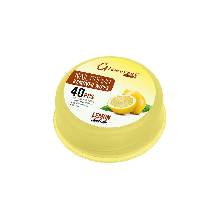 Yellow container of Glamorous Lemon nail polish remover wipes on a white background