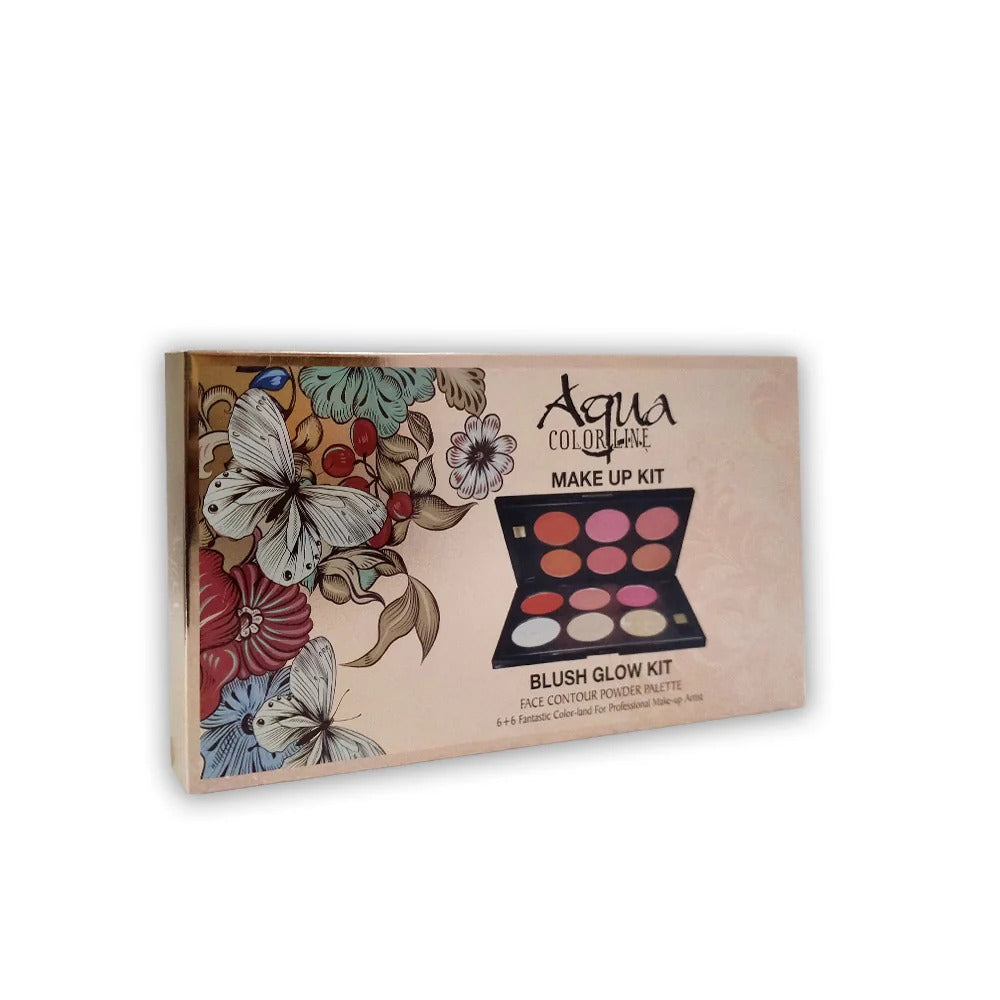 Makeup kit packaging with floral design and 'Aqua Color Line' branding on a white background