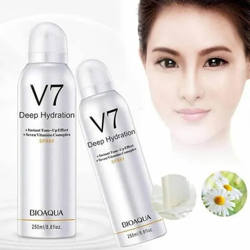 Two V7 Deep Hydration spray bottles by BIOAQUA with a blurred face in the background.