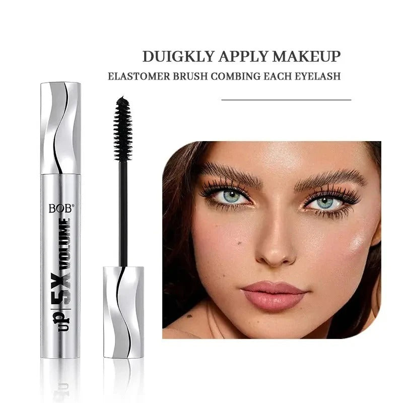 BOB 5X Volumizing and Lenghthening Big Eyes Volume Black Mascara with brush and a close-up of eyes wearing mascara, featuring BOB brand.