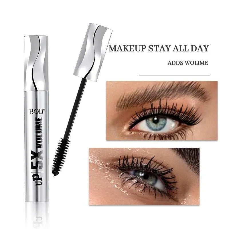 BOB 5X Volumizing and Lenghthening Big Eyes Volume Black Mascara with close-up shots of eyes wearing the product on a white background