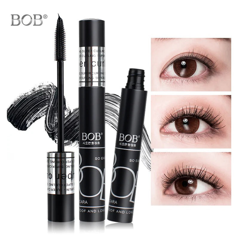 BOB Super Curl Mascara Thick Intense Waterproof with close-up shots of eyes wearing the product, featuring the brand 'BOB'.