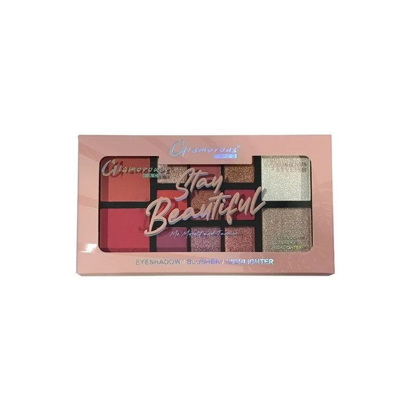 Makeup palette with 'Stay Beautiful' text on a white background