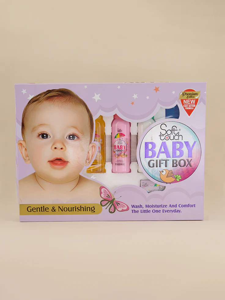 Baby gift box with a child's face on the packaging against a beige background