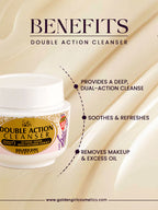 Double Action Cleanser jar with benefits listed on a beige background