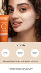 Woman with a skincare product and benefits listed below