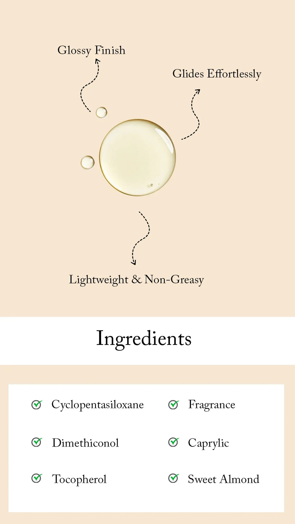 Product feature card with glossy finish, glides effortlessly, lightweight & non-greasy text on a beige background.