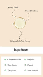 Product feature card with glossy finish, glides effortlessly, lightweight & non-greasy text on a beige background.