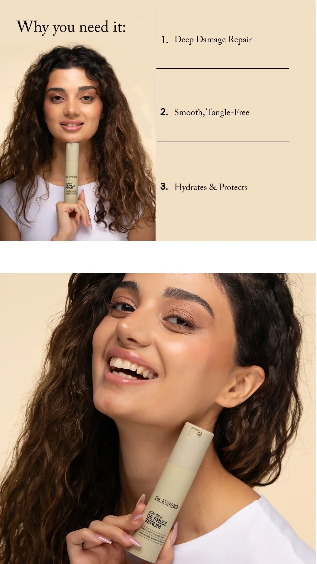 Woman holding a hair product with text on deep damage repair, smooth tangle-free, and hydration protection.