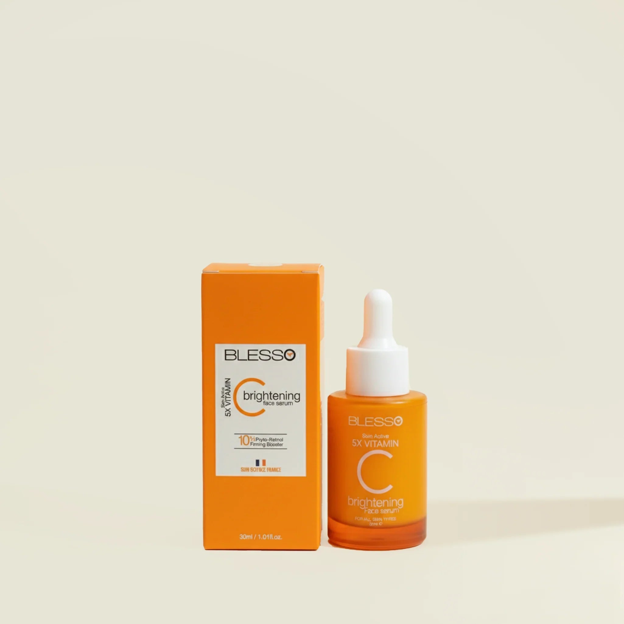 Blesso skincare serum and packaging on a light beige background