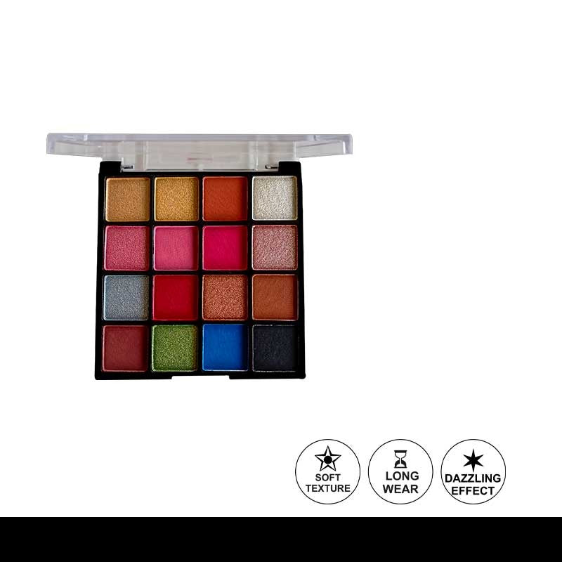 Makeup palette with various colors and icons indicating features on a white background