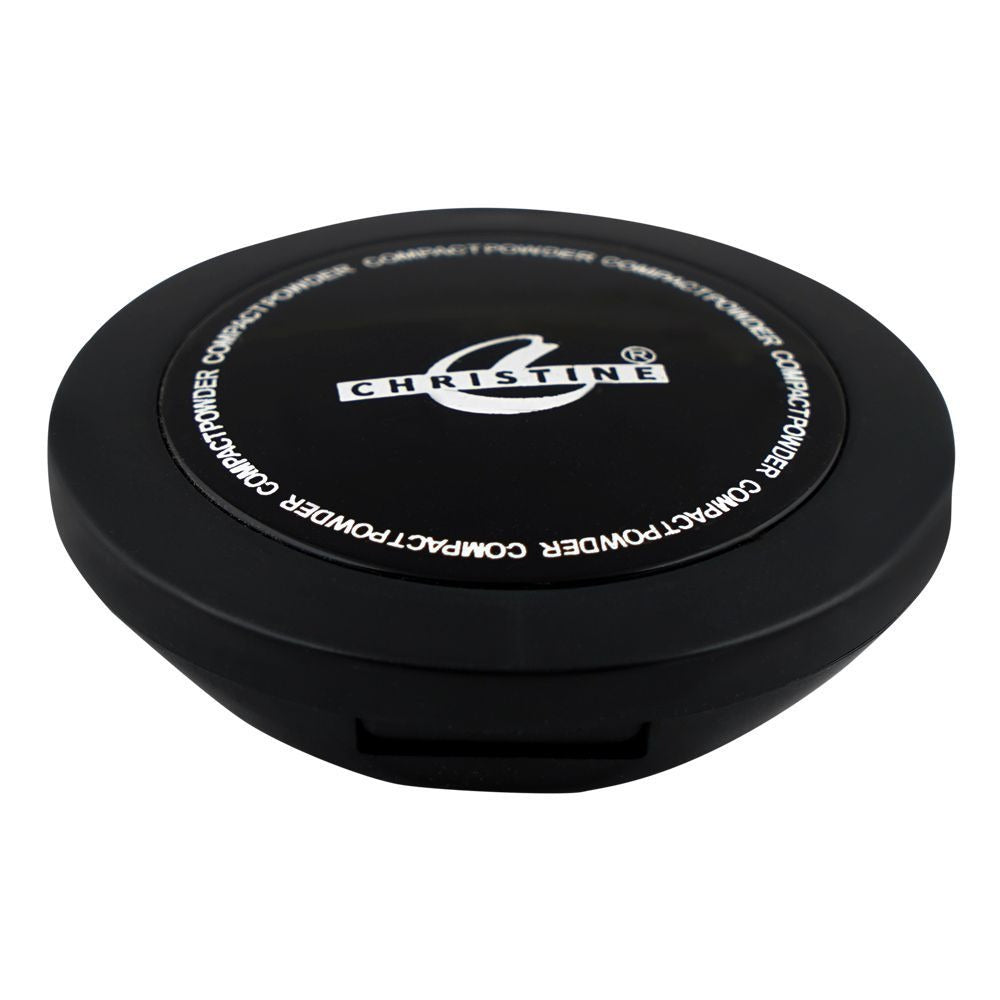 Black compact powder case with 'Christine' branding on a white background