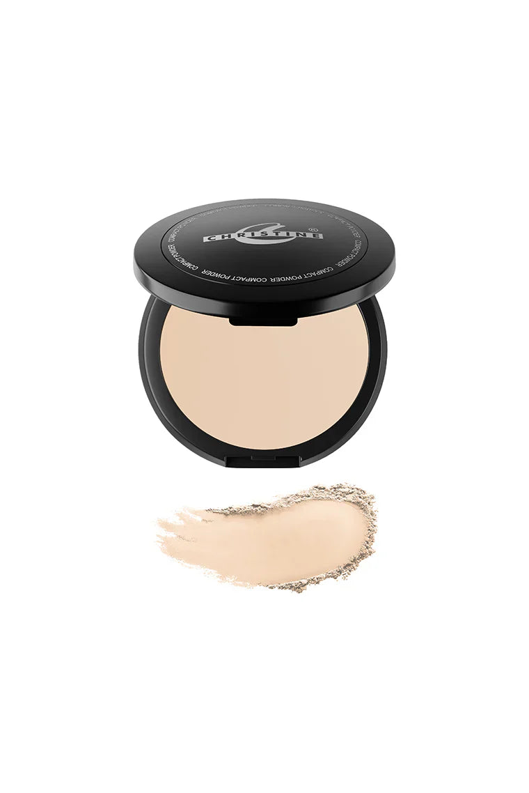 Compact powder in a black case with a swatch on a white background