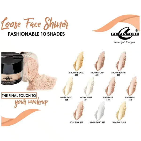 Loose face shiner with 10 shades displayed and Christine brand logo.
