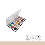 Makeup eyeshadow palette with various colors and features on a white background