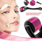 Facial roller device with different size options displayed next to a woman's face.