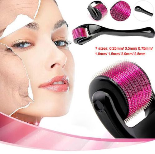 Facial roller device with different size options displayed next to a woman's face.