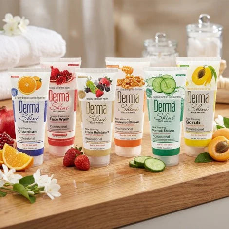 Collection of Derma Shine skincare products on a wooden surface with fruits and flowers.