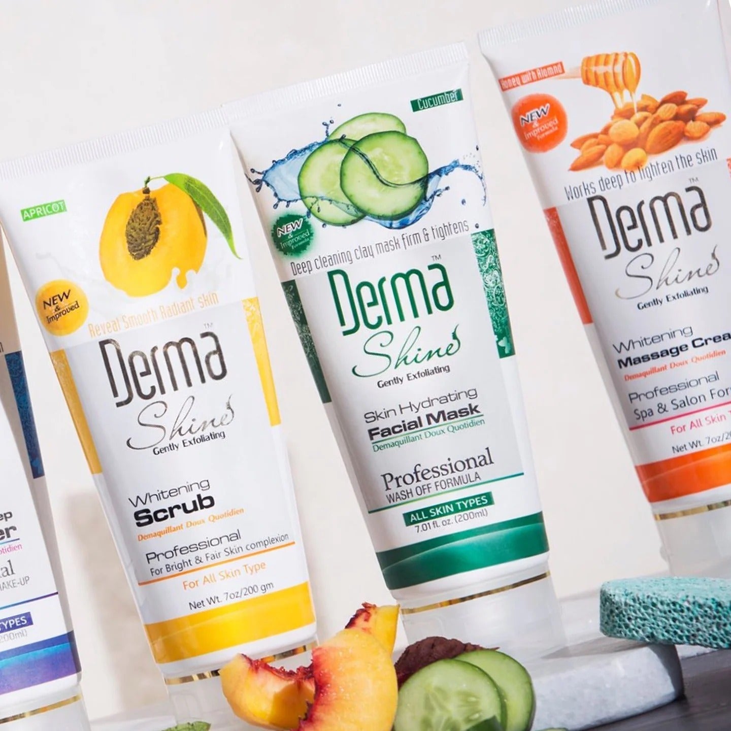 Collection of Derma brand skincare products with packaging featuring fruits and vegetables.