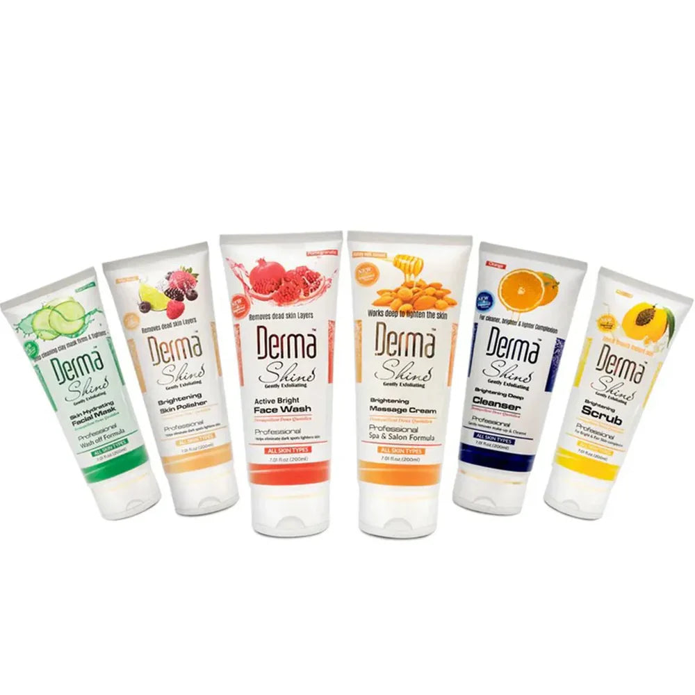 Set of Derma Shine skincare products on a white background