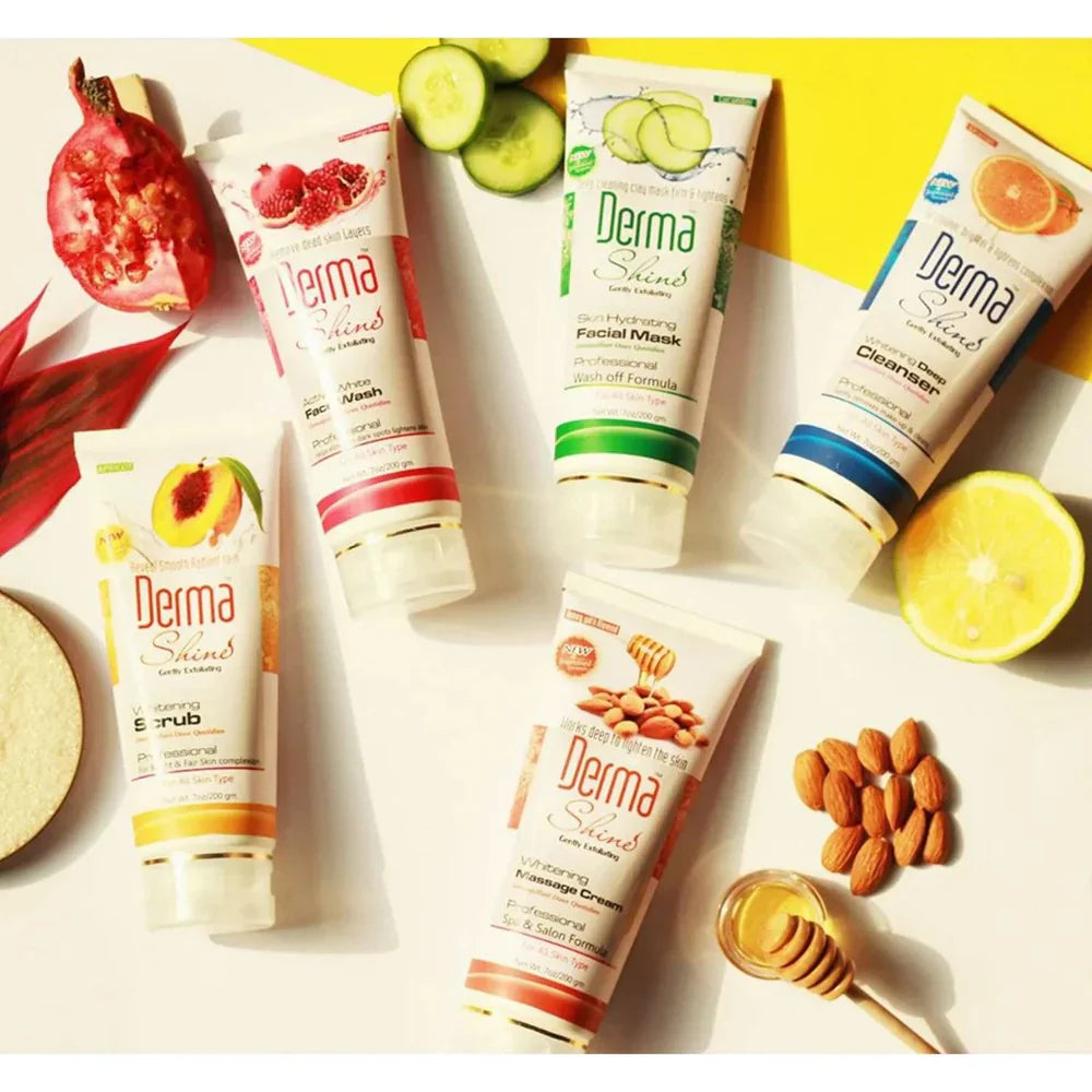 Collection of Derma Shine skincare products with natural ingredients on a bright background