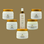 Collection of skincare products with gold lids on a brown background