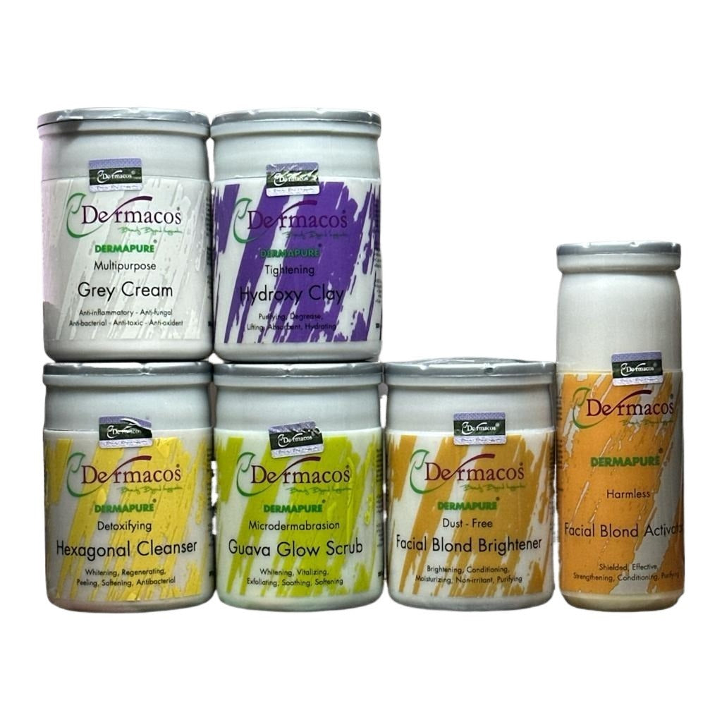 Collection of Dermacos skincare products on a white background