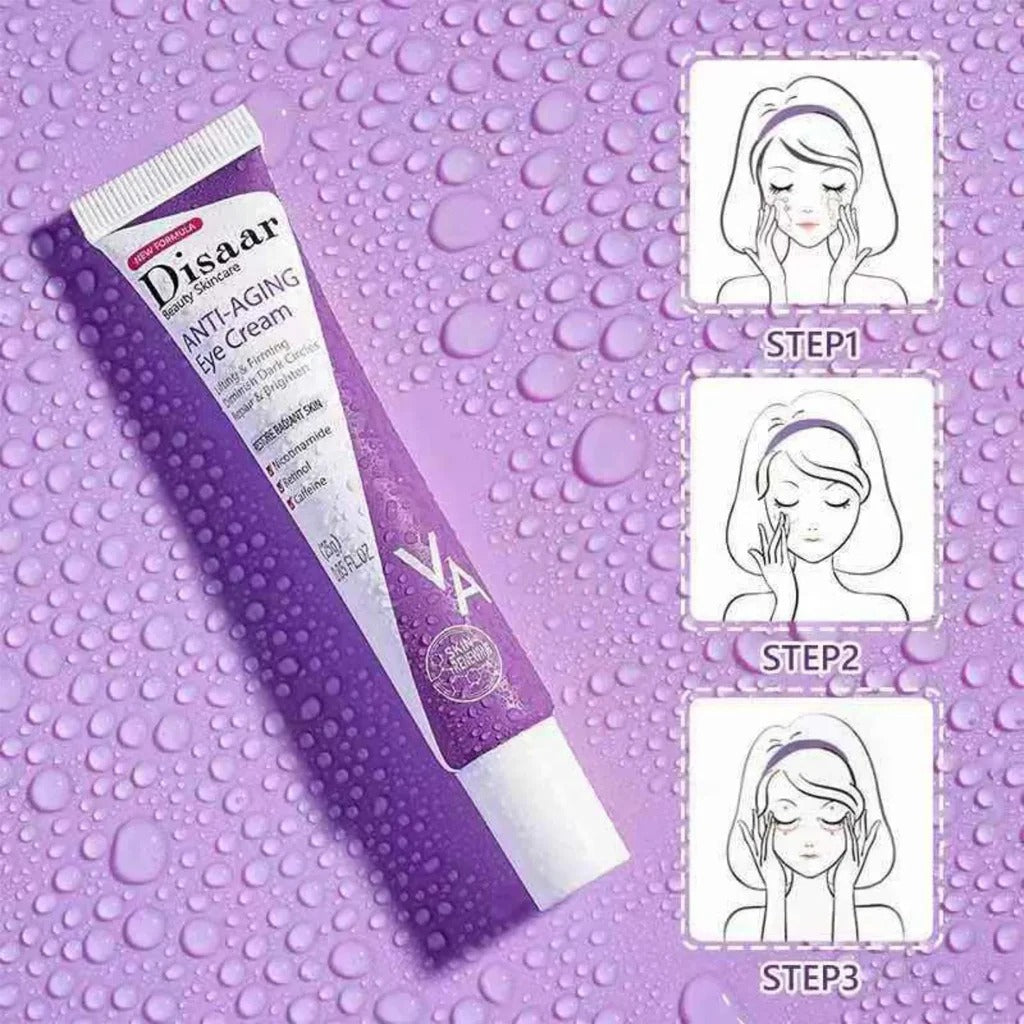 Disaar Anti-Aging Eye Cream tube on a purple background with step-by-step illustrations.