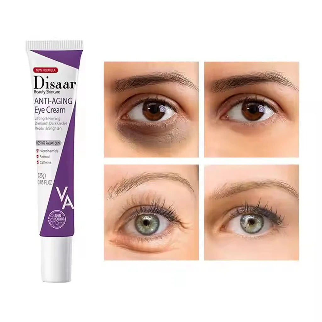 Disaar Anti-Aging Eye Cream packaging with before and after effects on eyes.