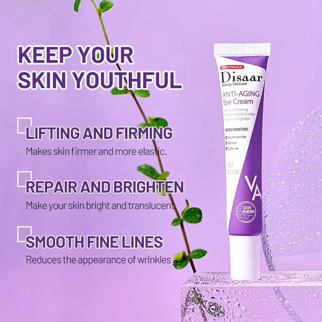 Tube of Disaar Anti-Aging Eye Cream on a purple background with text about skincare benefits.