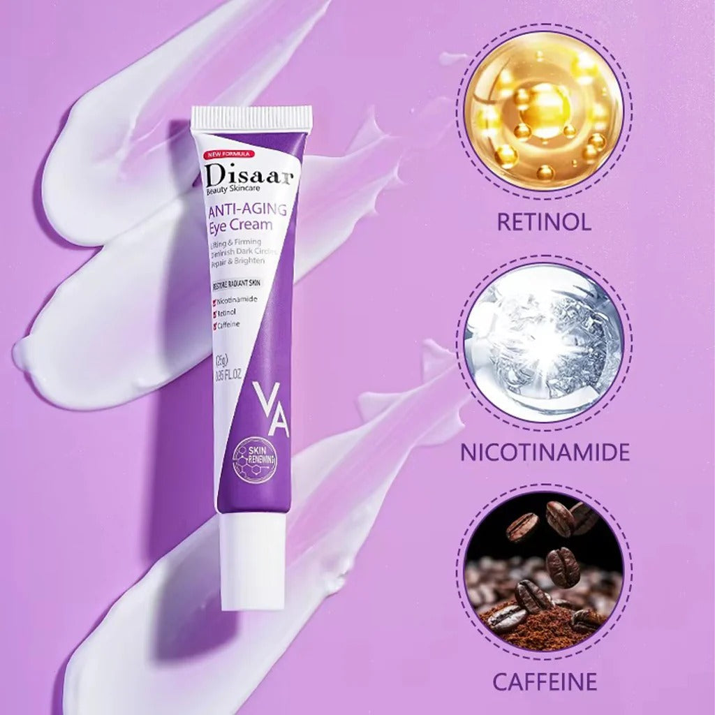 Disaar anti-aging eye cream tube with ingredients on a purple background