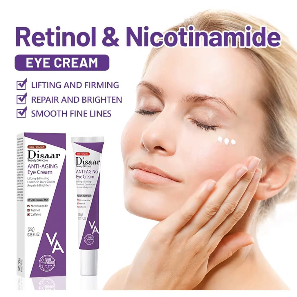 Disaar Anti-Aging Eye Cream with a woman applying it to her face.