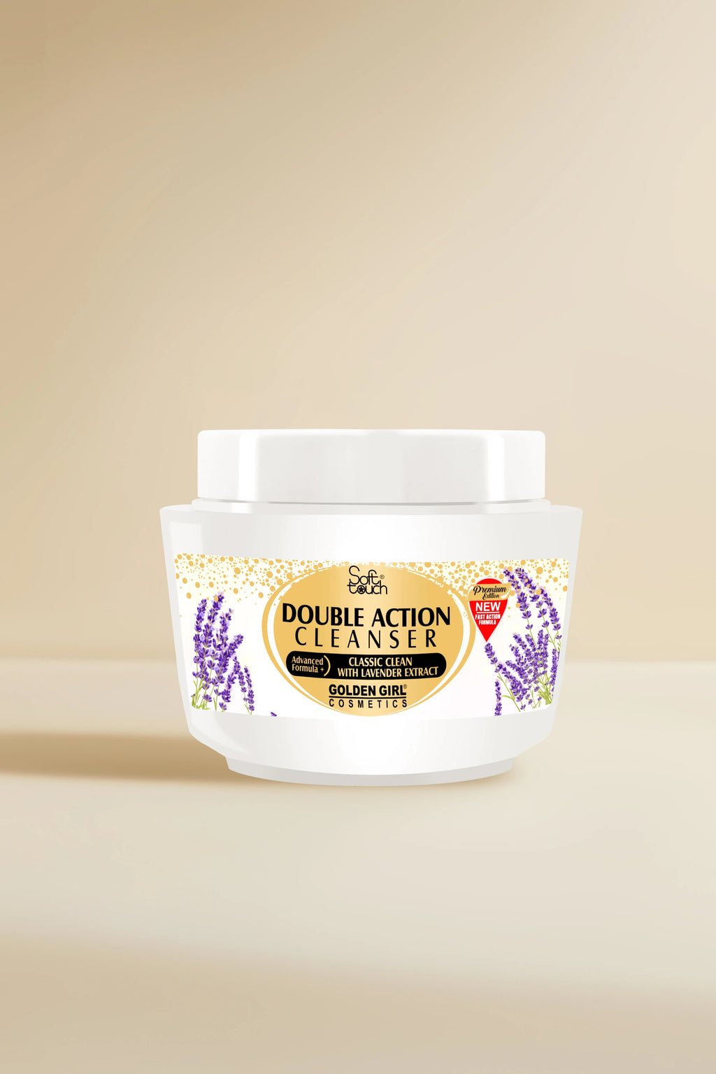 Double Action Cleanser jar with lavender design on a beige background
