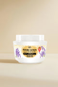 Double Action Cleanser jar with lavender design on a beige background