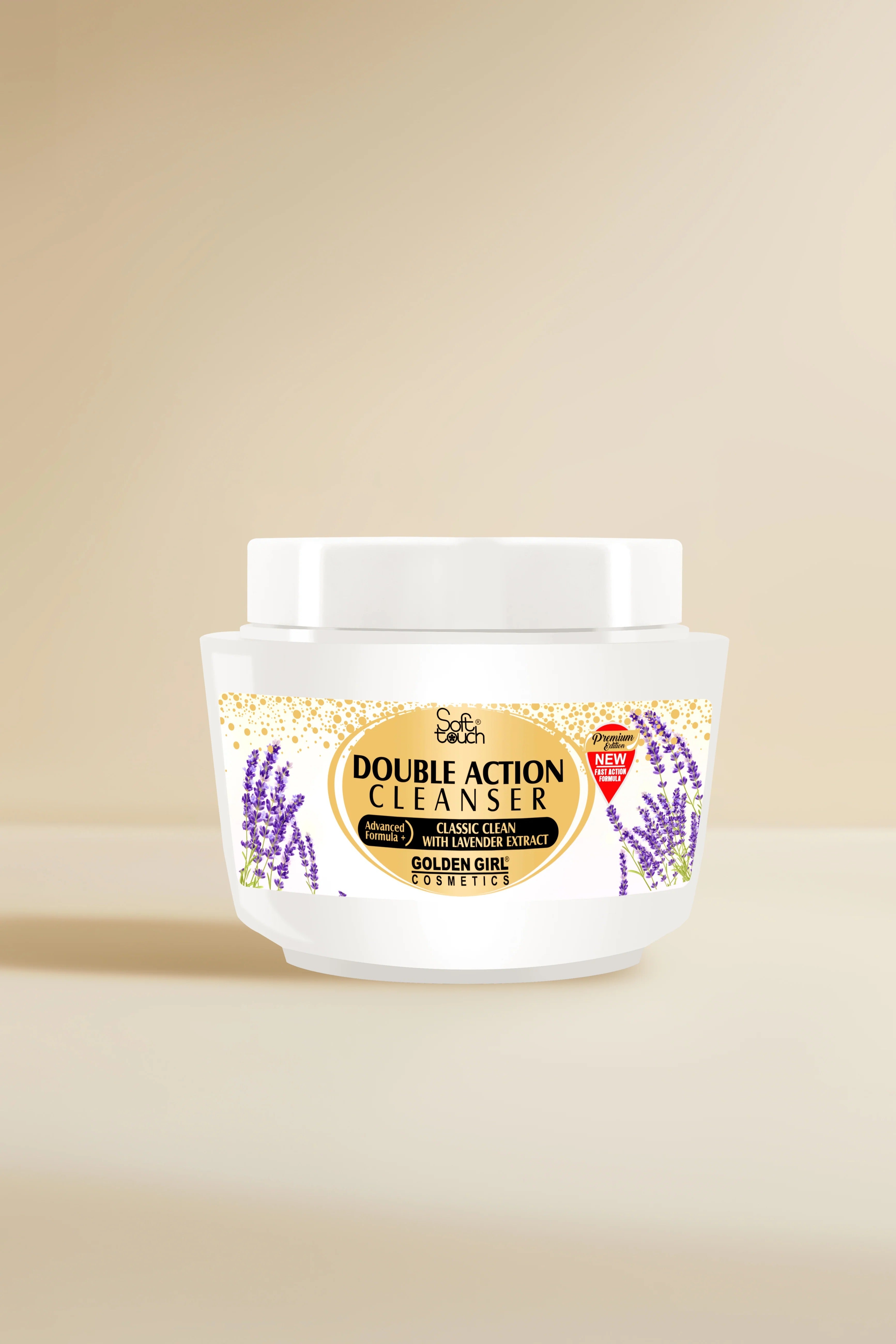 Double Action Cleanser jar with lavender design on a beige background