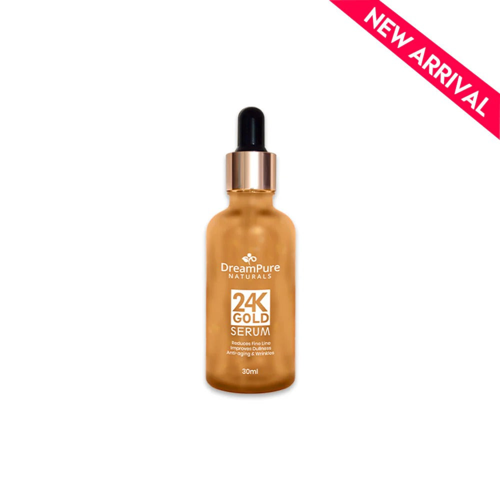 DreamPure Naturals 24K Gold Serum bottle on a white background with 'New Arrival' label.