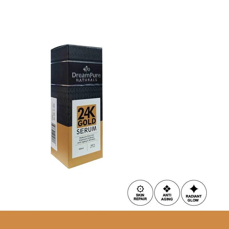 Box of DreamPure Naturals 24K Gold Serum on a white background
