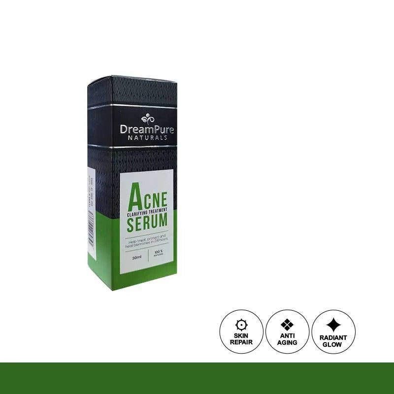 DreamPure Naturals Acne Serum packaging on a white background
