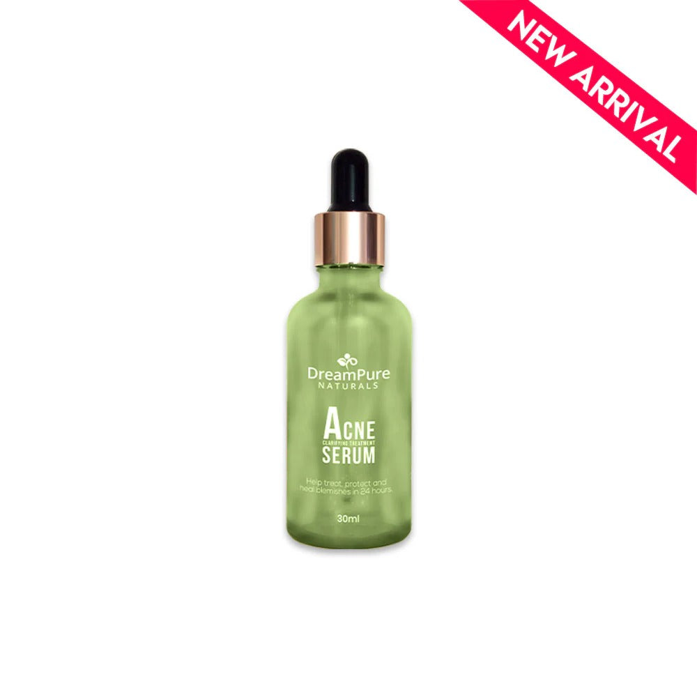 Green serum bottle with dropper labeled 'Acne Serum' by DreamPure Naturals on a white background.