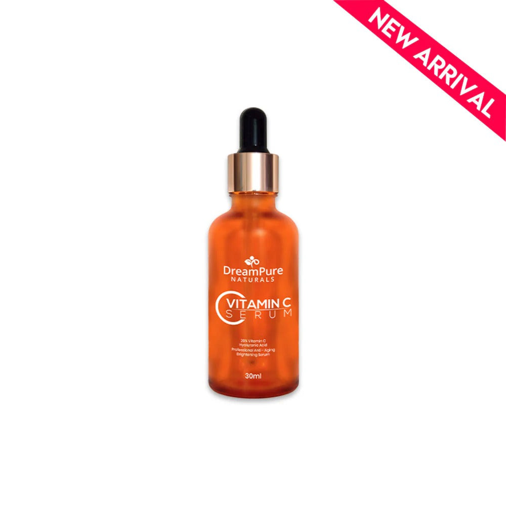 DreamPure Naturals Vitamin C Serum bottle on a white background with 'New Arrival' label.