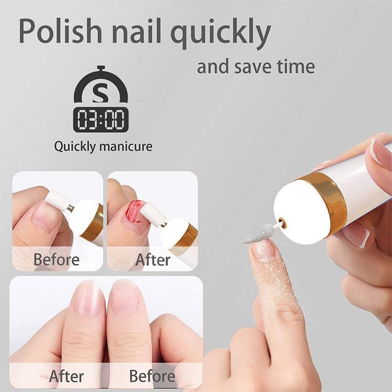 Product for quickly manicuring nails with before and after images on a gray background.