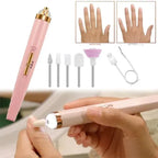 Pink nail care tool with attachments and usage examples on a white background