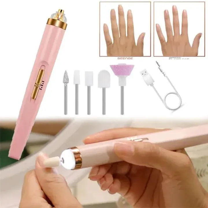 Pink nail care tool with attachments and usage examples on a white background