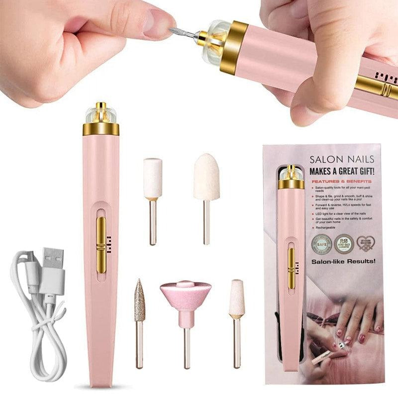 Pink and gold nail drill with accessories and packaging on a white background