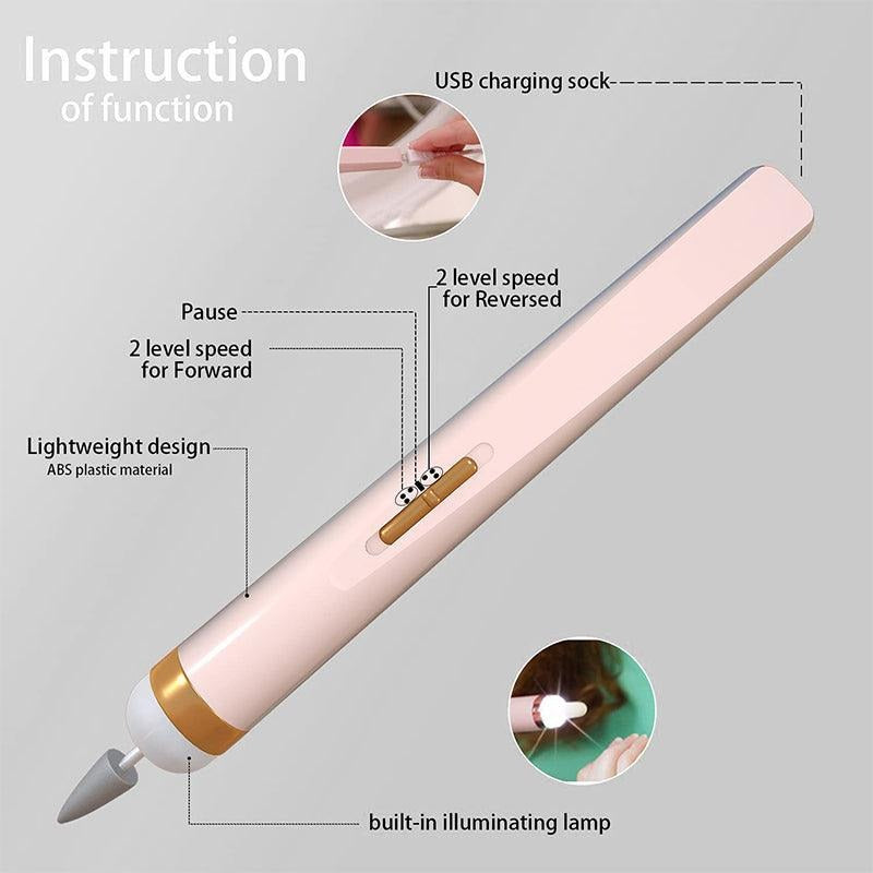 Intricate diagram of a pink and gold grooming tool with labeled features on a gray background.