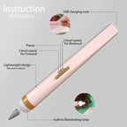 Intricate diagram of a pink and gold grooming tool with labeled features on a gray background.