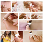 Collage of a nail care tool being used on nails with close-up shots and a woman using it.