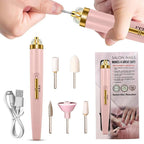 Pink and gold nail drill with accessories and packaging on a white background