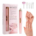 Pink nail care device with packaging and hands showing manicured nails.
